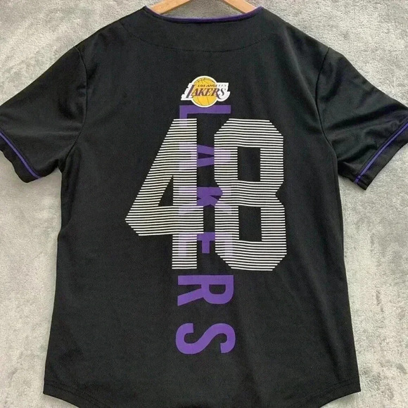 Los Angeles Lakers Jersey Mens Medium Black Button Down NBA Unk Basketball #48 - Picture 9 of 9
